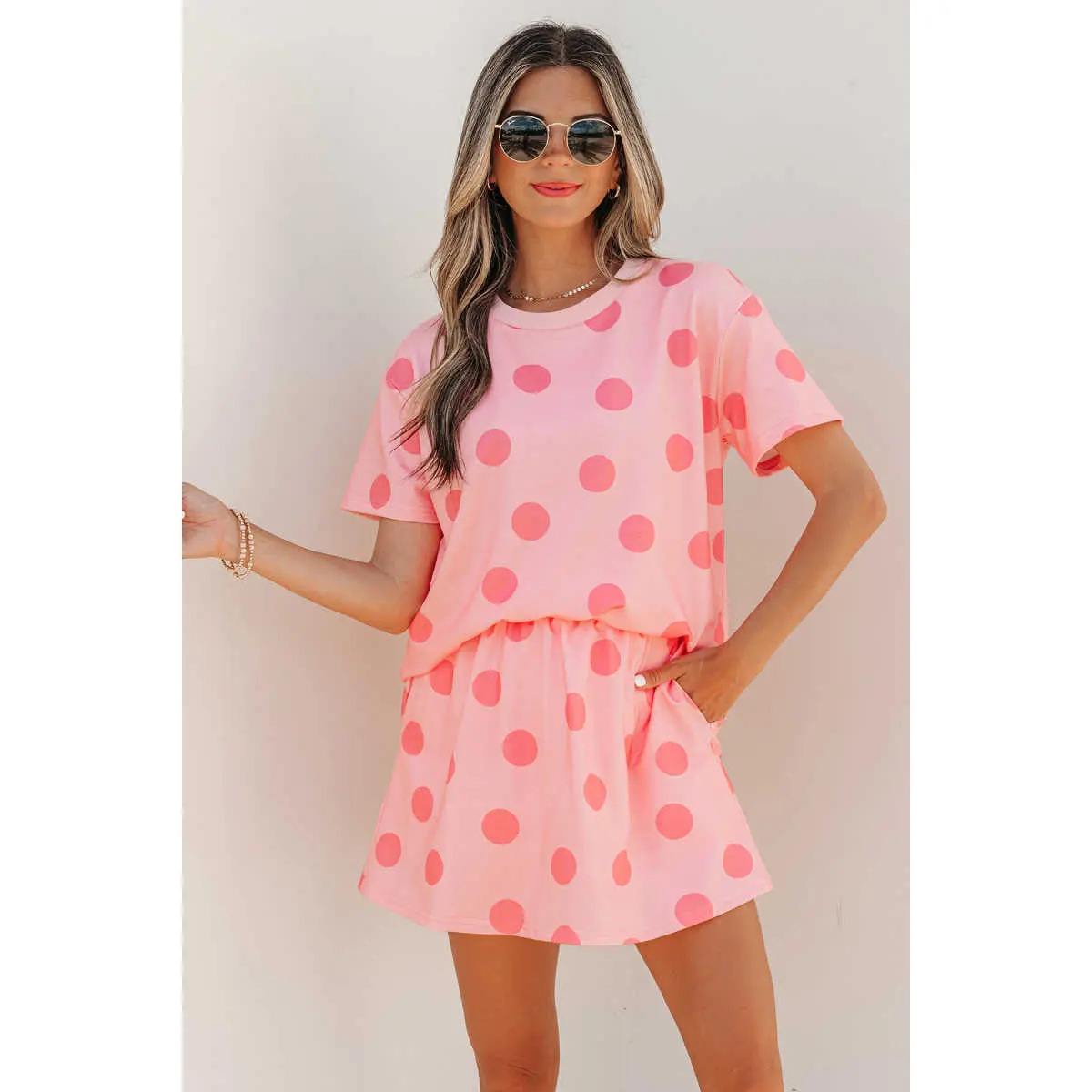 Women's Matching Set, Trendy Polka Dot 2-Piece Summer Outfit with Cute Short Sleeve Tee and High Waist Skort with Pocket, Matching Sets For Women, Cute Shirts, Women's Clothing, Trendy Clothing Sets