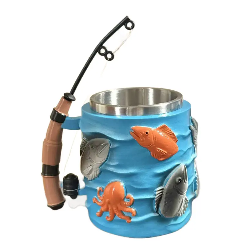 Novelty 3D Embossed Ocean Animal Fishing Coffee Cup|Mini Fishing Rod Handle Stainless Steel Inner Cup, Durable Stainless Steel Liner Coffee Cup, Funny Coffee Mug, Unique Gift for Anglers & Fishing Enthusiasts