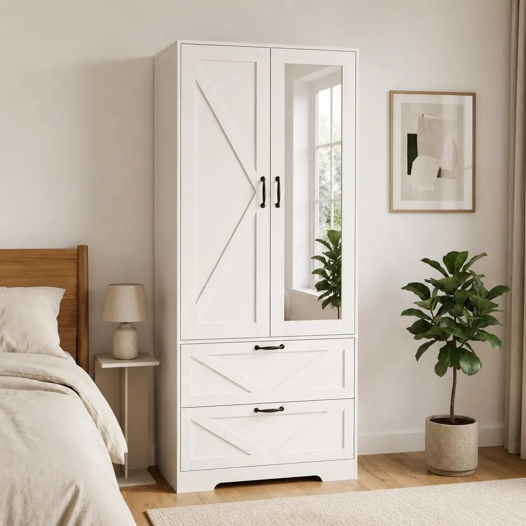 Modern ARCH 2-Door Wood Wardrobe Closet - 19.68" W x 31.50" D x 71.65" H, 121.00 lb Particle Board Cabinet with Hanging Rod, 2 Drawers, Induction Light, Mirror, Assembly Required, Freestanding Bedroom Storage Organizer to Light Up Your Space