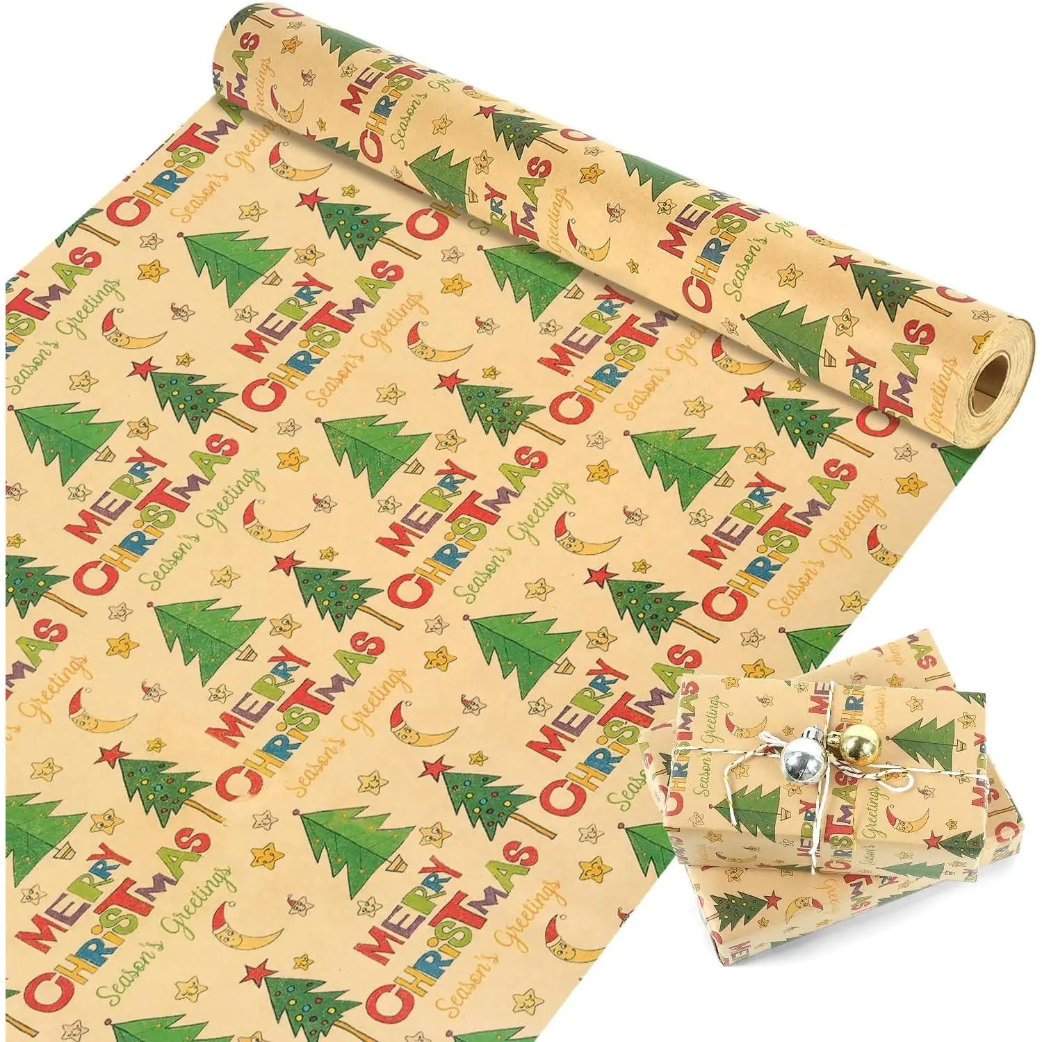 Christmas Wrapping Paper Roll,  Brown  Wrapping Paper, Recyclable  Xmas Wrapping Paper  Roll for  Wrapping Arts Crafts Decorations, 17 Inch X 590 Inch.