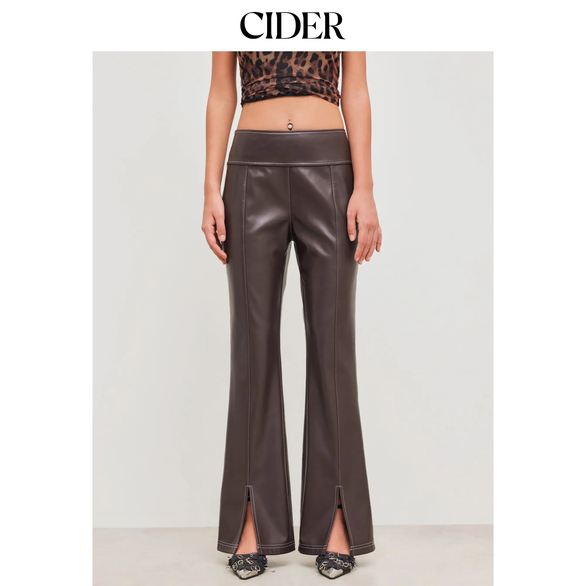 Cider [size 2-10] Faux Leather Low Rise Solid Split Flared Trousers