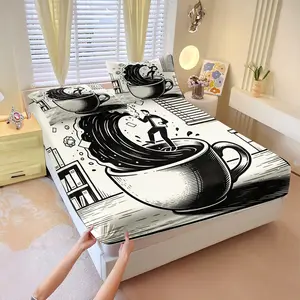 3Pcs Black White Woodcut Office Worker HD Digital Print Fitted Sheet Set, Washable Hypoallergenic Mattress Cover For Young Professionals Apartment All Season Decor