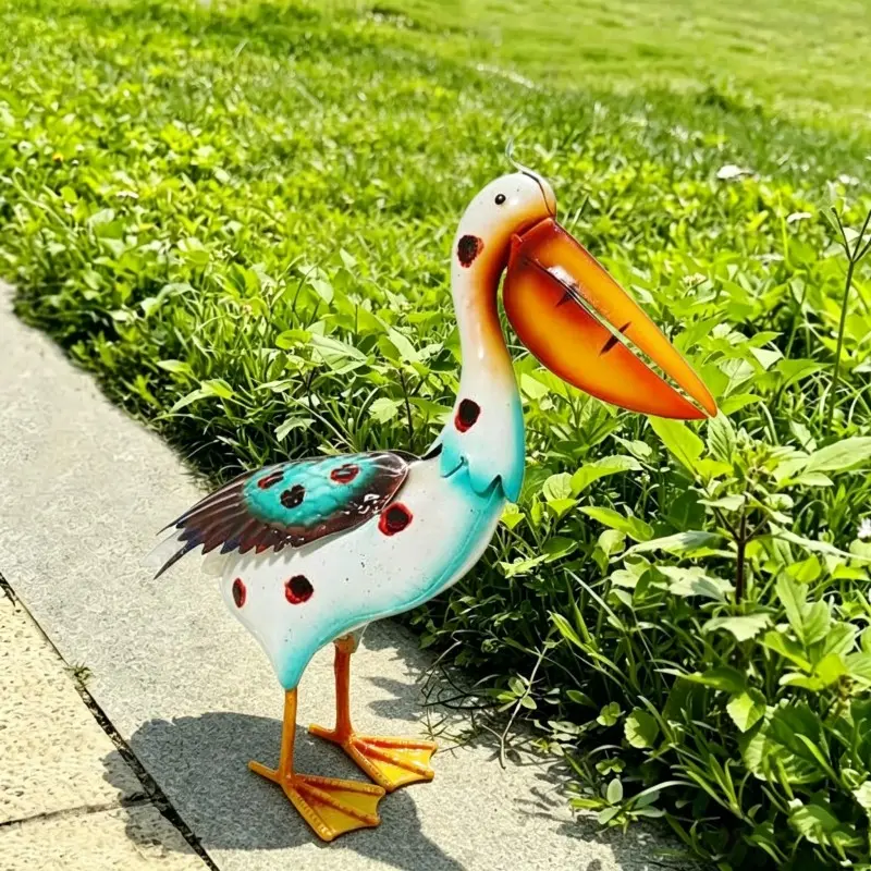 Handcrafted Rustic Metal Pelican Garden Statue, Floor-Mounted Outdoor, Porch, Patio, Coastal & Lawn Decor, Garden Sculptures and Decor, Vibrant Colorful Design, Perfect for Easter & Thanksgiving