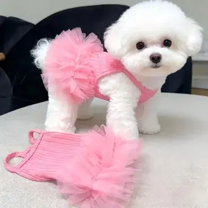 Spring Summer Dog Dress for Small Dogs and Cats, Breathable Cooling Tutu Sundress with Harness Design, Cute Sleeveless Puppy Princess Outfit for Teddy, Bichon, Pomeranian and Other Small Breeds, Lightweight Pet Clothing for Walks, Parties, Photoshoots and