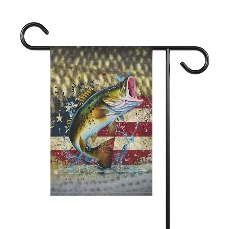 Patriotic Fish Flag - Largemouth Bass Fishing Outdoor Decor, Customizable Polyester Banner, Fade-Resistant, Double-Sided, Easy-to-Remove Summer BBQ Home Decor, Gift for Anglers