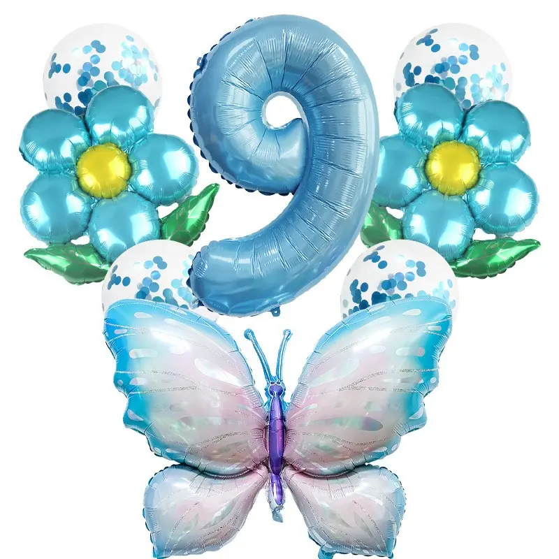 Luxury Blue Birthday Balloon Set, 32 Inch Gradient Butterfly Daisy Balloons, Full Set for Baby Shower, Boy's Birthday Wall Decor