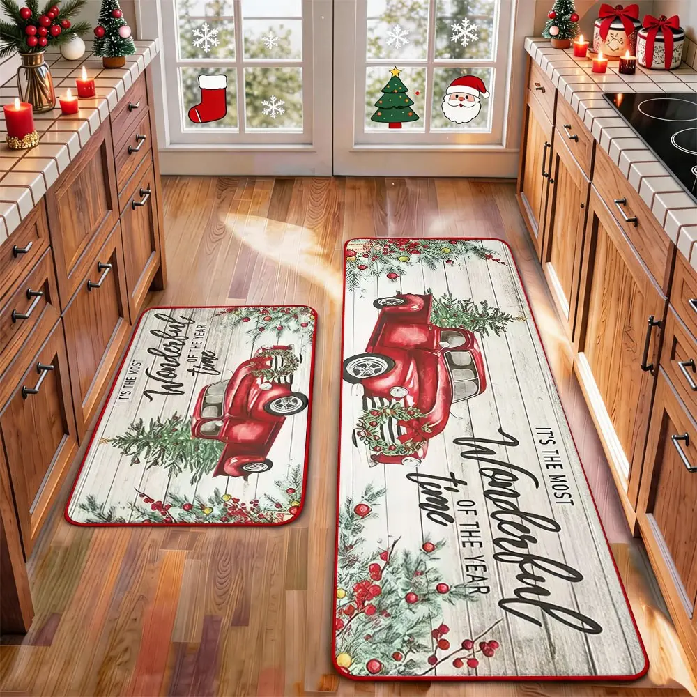 2-Piece Christmas Kitchen Mat Set,Snowman Wood Gingerbread Goblin Reindeer Christmas Tree Pattern Design, Washable Non-Slip Mats for Bathroom, Kitchen, Laundry Room, Hallway, Holiday Decor Gift，Christmas Spring Home Decor door mat, Kitchen Floor Mat