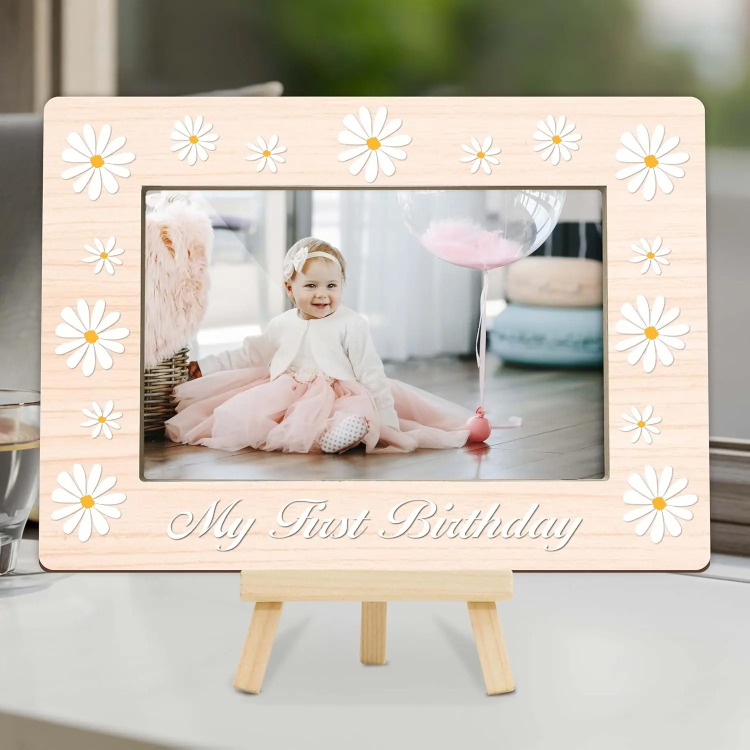 My 1st Birthday Picture Frames, Daisy Wooden 4x6 Photo Frame with Easel,  First Year Birthday Gifts for  Office Tabletop Display Decorations - G02