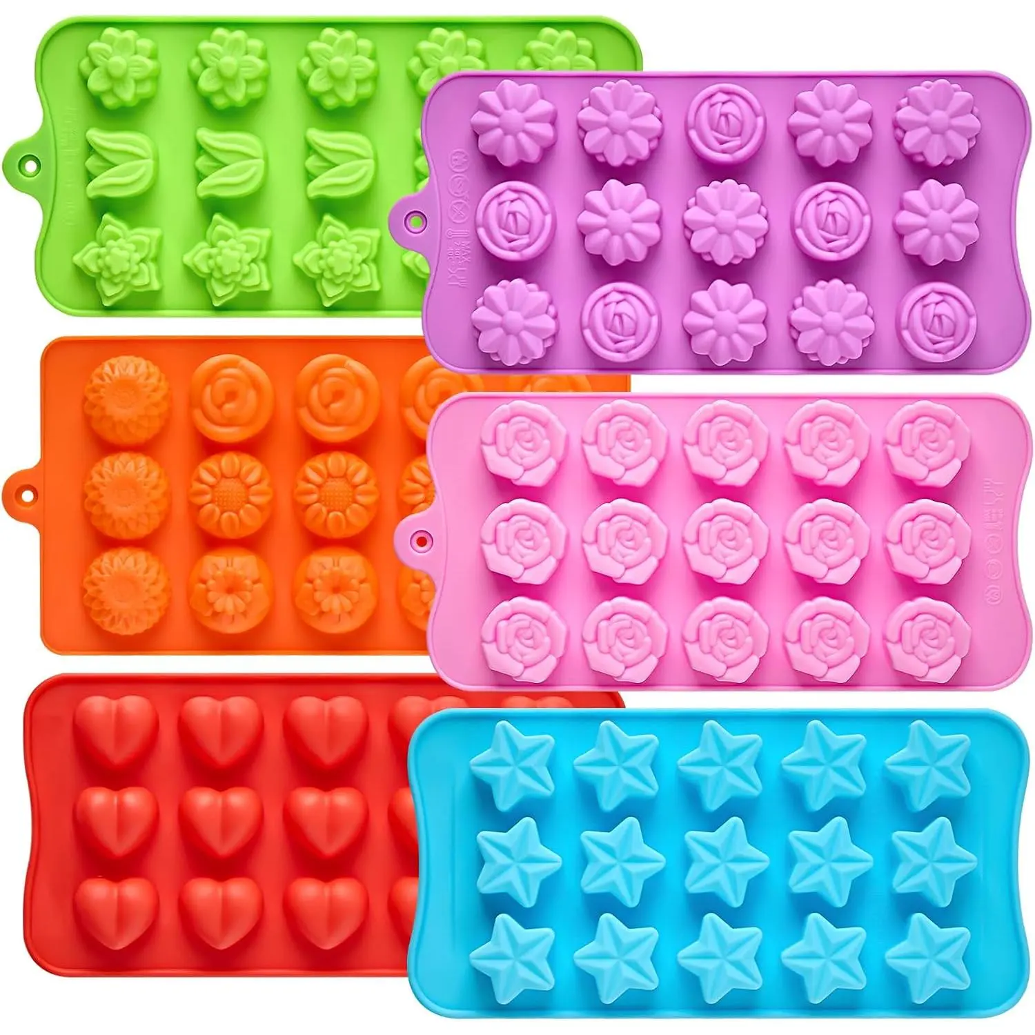 6 Pcs Flower Silicone Chocolate Molds Set, 15-Cavity Rose Heart Star Candy Mold Different Shapes Silicone Molds for Chocolate, Candy, Ice Cube, Butter, Jello
