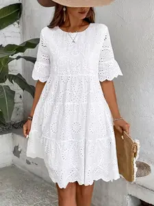 Roses Eyelet Round Neck Dress, Multi-Layered Ruffle Hem, Spring Summer Women's Solid Color Embroidered Dress, Elegant Casual Party Wear