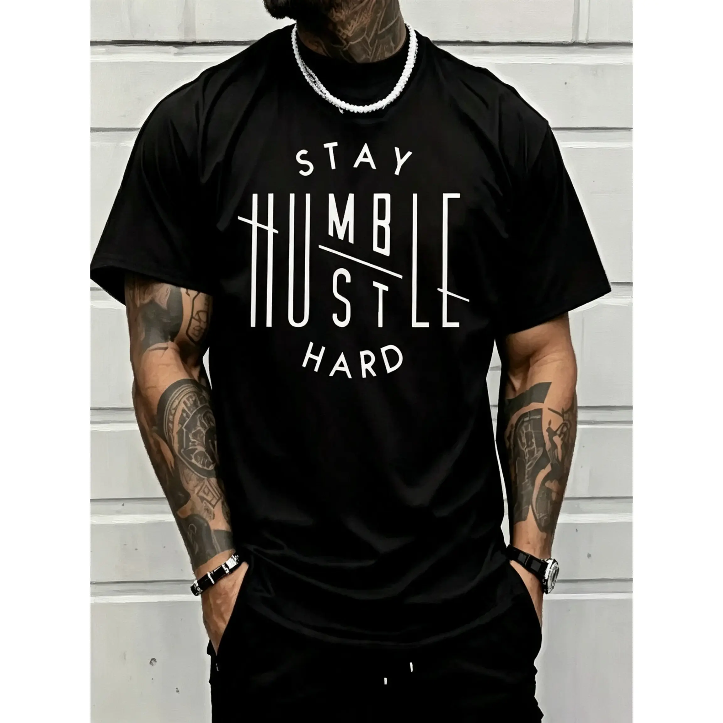 Men's Stay Humble Hustle Hard Streetwear T-Shirt, Classic Casual Short-Sleeve Apparel, Comfortable Fabric Sports Top, Shortsleeve