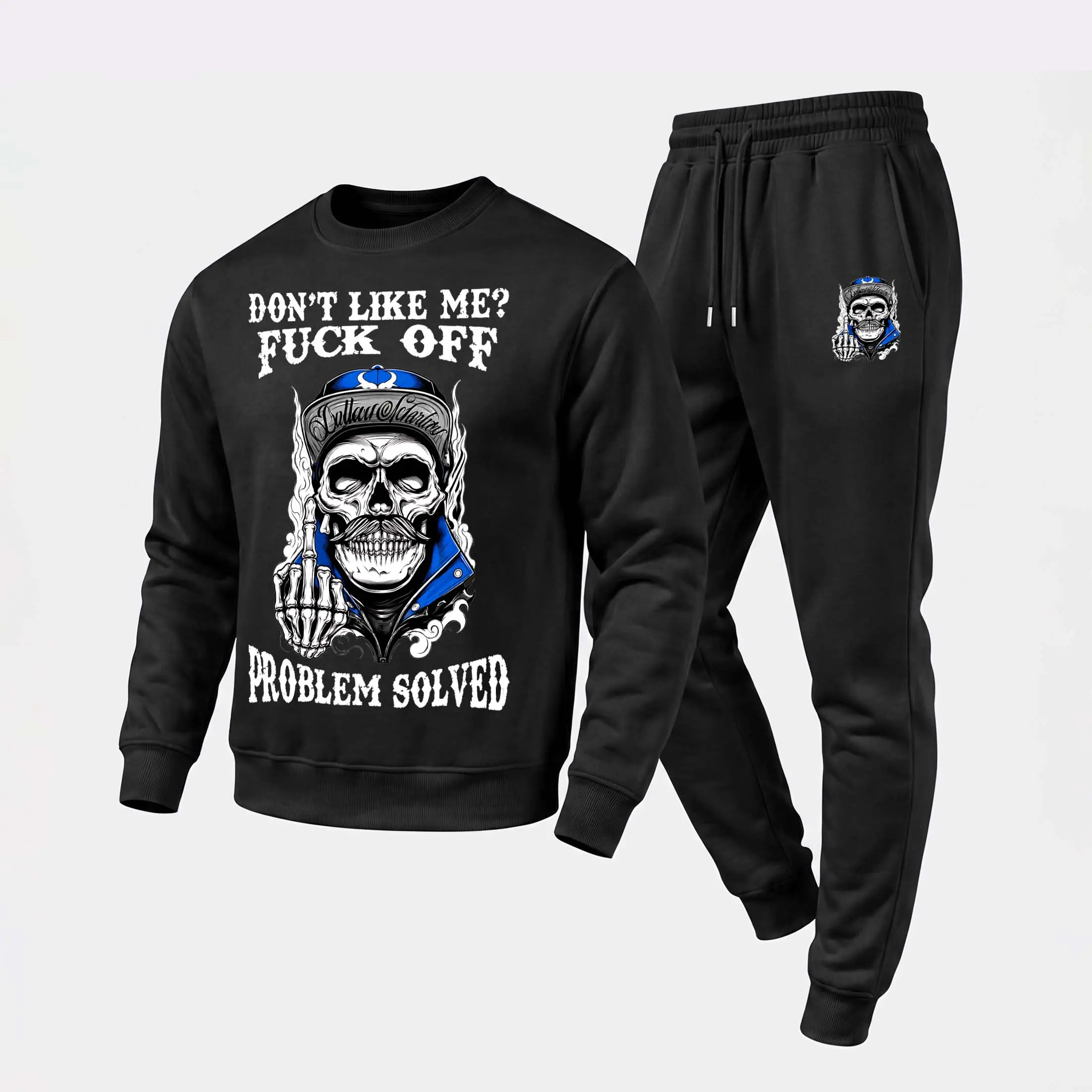 Men's “ Blue Skull Giving The Middle Finger ” Sweatshirt and Jogger Pants Set, Casual Long Sleeve Pullover with Drawstring Sweatpants, Fall Winter Tracksuit for Daily Wear, Travel, Lounge, Workout and Indoor Outdoor Activities