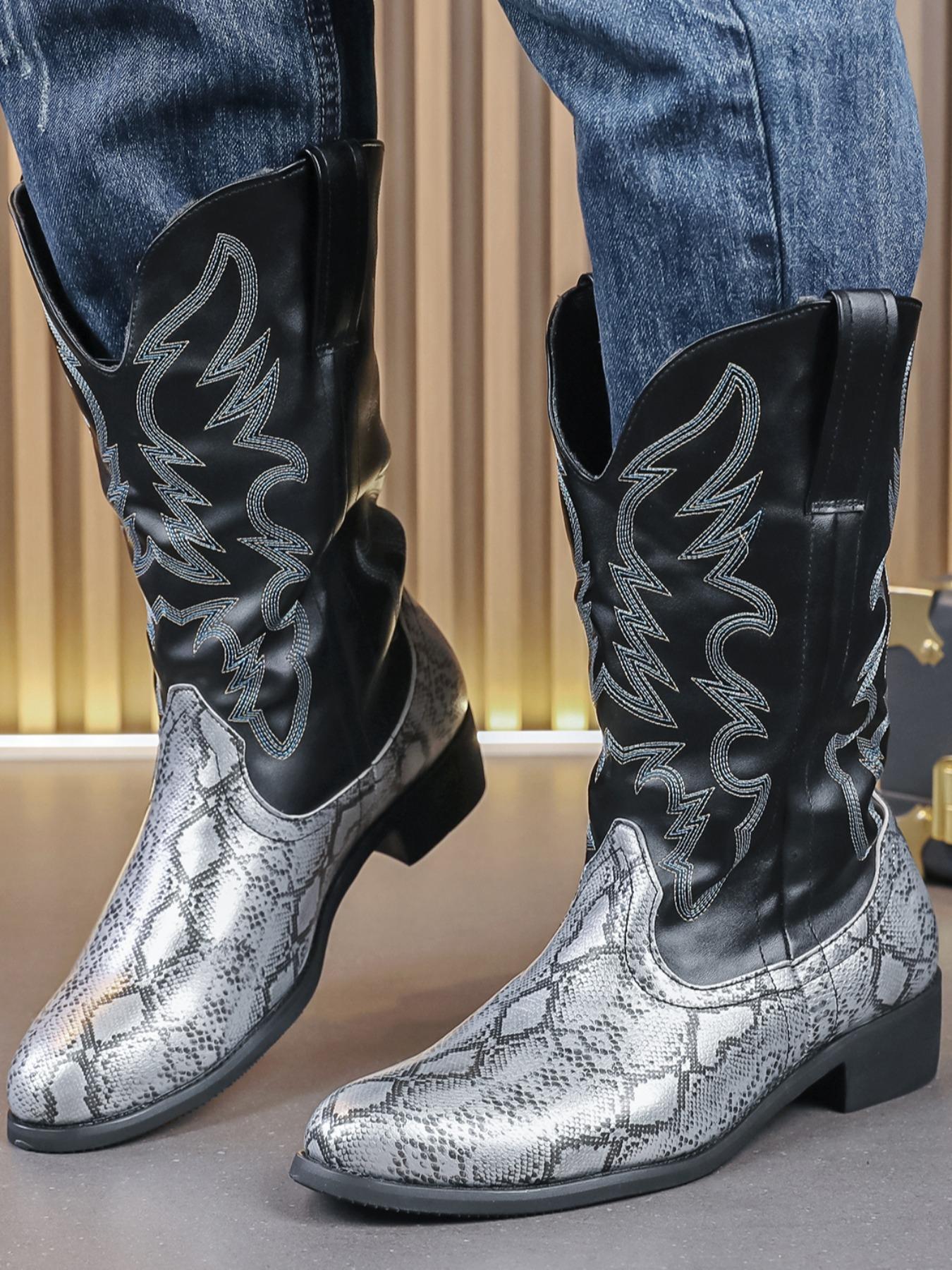Men's Fashionable Snakeskin Print Embroidering Design Boots, Punk Style Cowboy Boots for Daily Wear, Western Embroidered Boots, Fashion Vintage Shoes for Party, Daily Clothing Decor Footwear