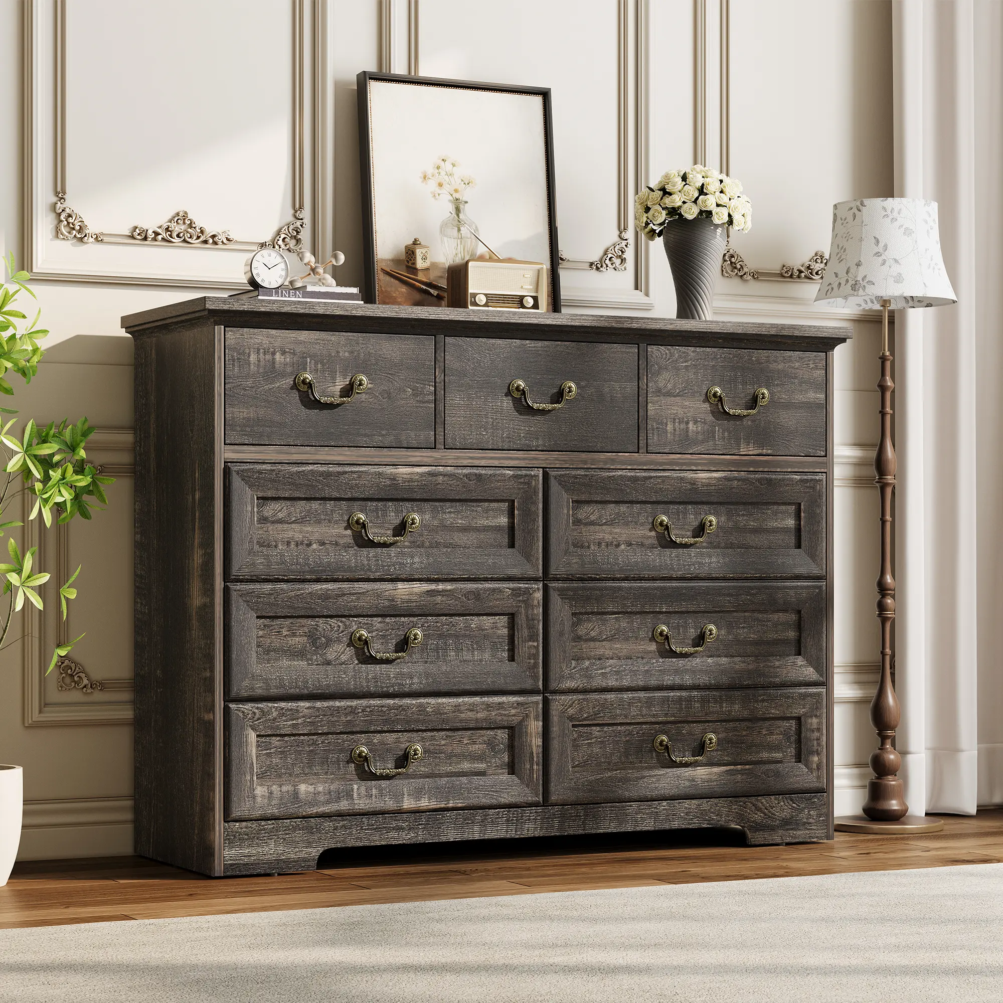 Modern Vintage Distressed Engineered Wood Dresser - 9-Drawer Durable Storage Console with Metal Handles, Anti-Tip Kit, 47" Wide Rustic Look Bedroom Chest, 250 lbs Capacity, Assembly Required for Closet, Living Room, Distressed Wood