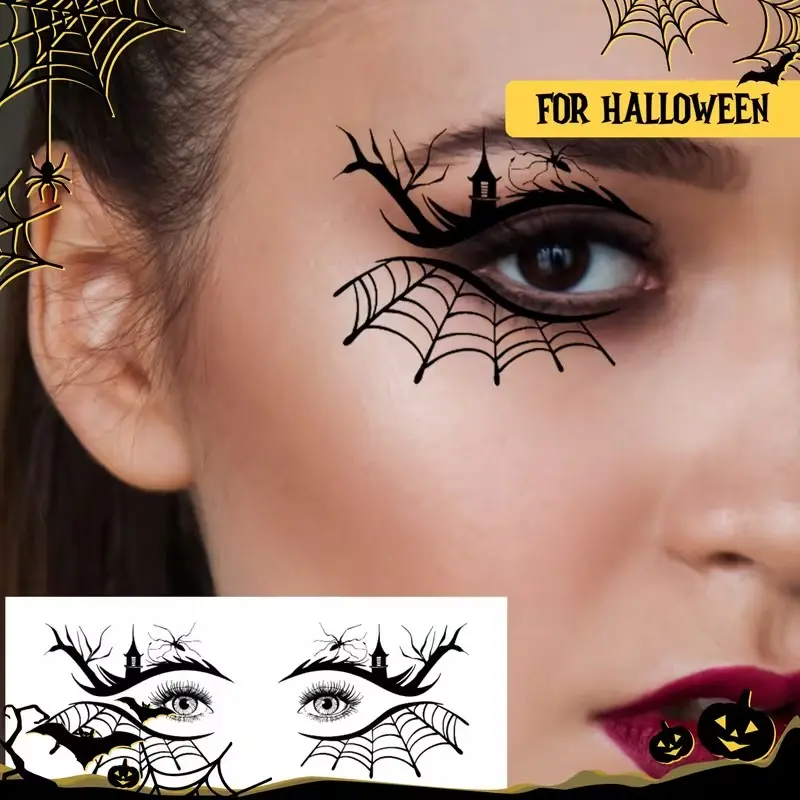 10 Sheets Halloween Eye Temporary Tattoos, Skull Pumpkin Bat Spider Web Face Stickers, Cosplay Party Makeup, Easy Application, Fun
