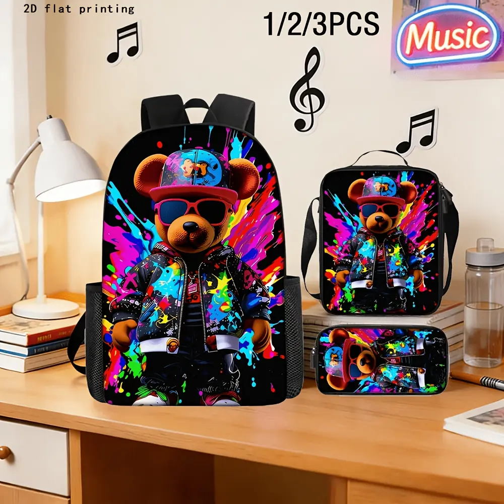 Graffiti Bear Backpack for Youth, Retro Preppy Style with a Graphic 2D Cartoon Print, Large Capacity for School & Travel (1/3PCS), Holiday, Travel Needs, Synthetic, Backpacks For School, Character Backpacks