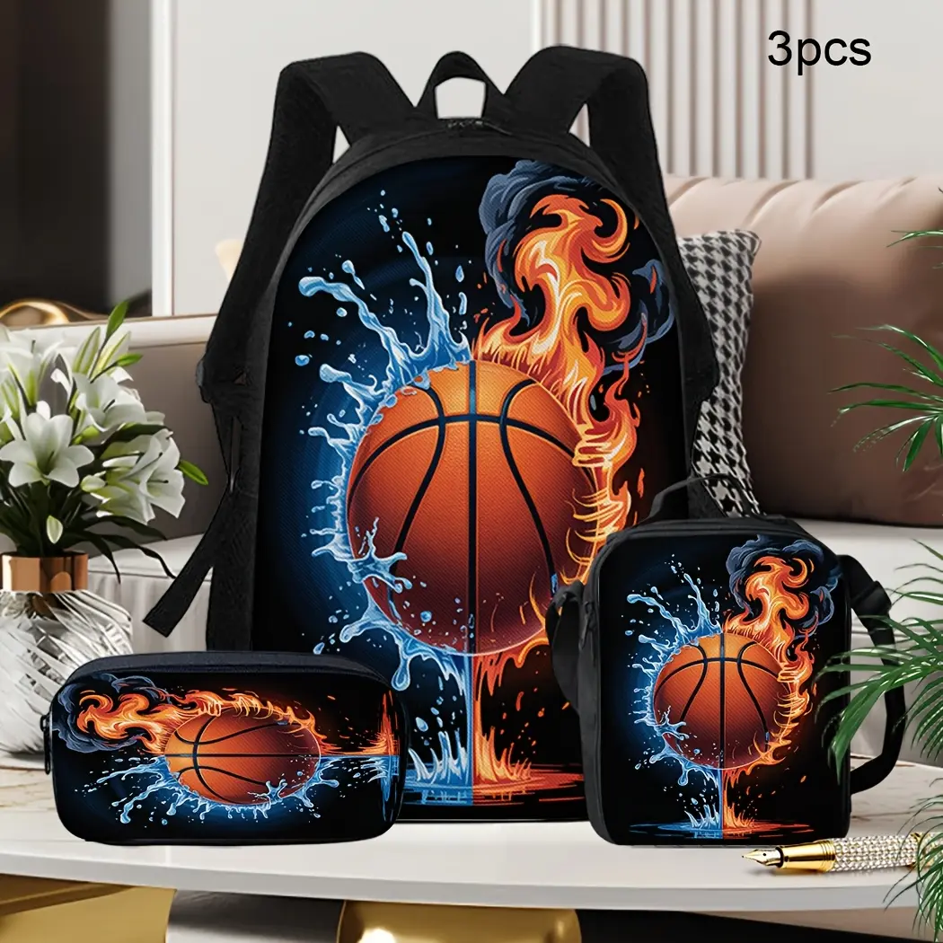 Fire and Ice Basketball Backpack for Kids and Teens, Black Sports School Bookbag with Adjustable Shoulder Straps, Top Handle and Side Mesh Pockets for Boys, Girls, Students, Basketball Practice, Travel and Everyday Use