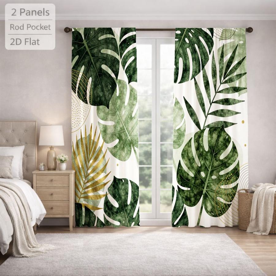 2Pcs Tropical Botanical Gold Green Leaf Sun Blocking Curtains Digital Printed Rod Pocket, Window Treatment For Bedroom Office Kitchen Living Room Study Home Decor