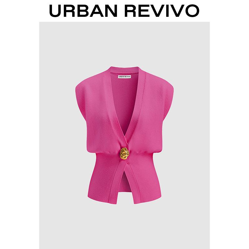 URBAN REVIVO Women Edgy Sleeveless Blazer Top - Deep V Statement Buckle for Fashion-Forward Outfit Clothing Girl Elegant Casual Comfy Vests Womenswear SpringStatements
