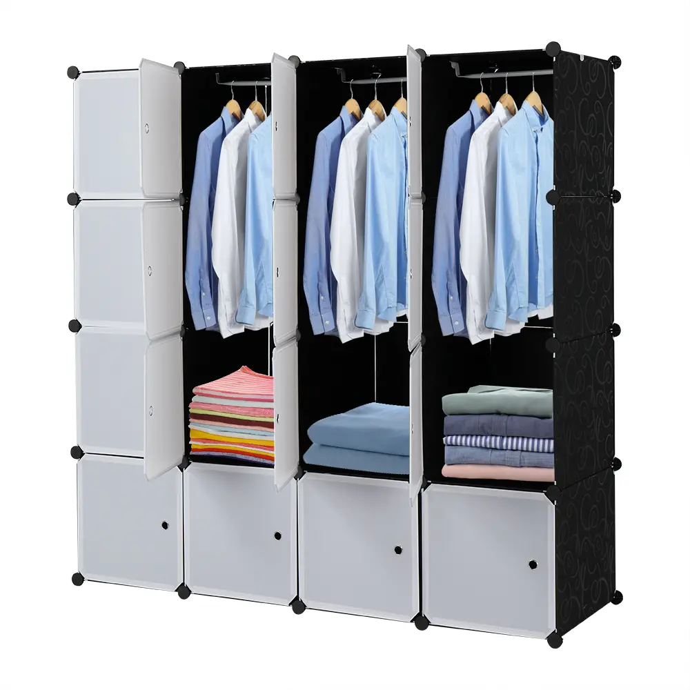 16-Cube Modular Plastic Storage Shelves, Multifunctional Closet Cabinet with Closet Organization, 3 Clothes Rails, White Doors & Black Panels, Stackable Multiple Cubes Indoor Furniture Wardrobe