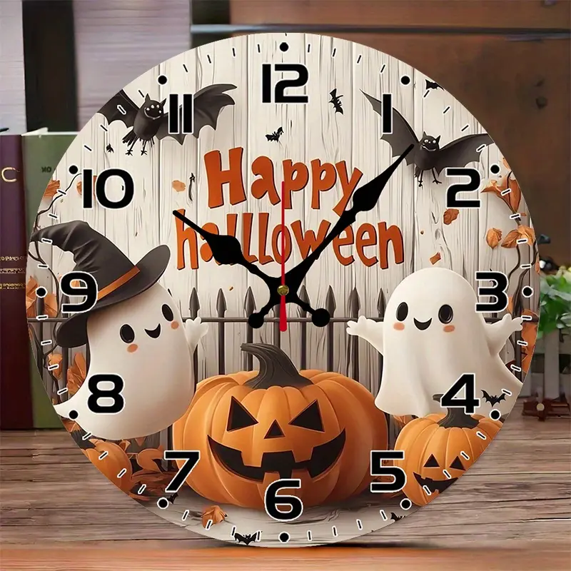 1 Halloween-themed wall clock with ghost and bat motifs - 10inch Silent sweeping movement, suitable for home, office, and party decoration - Ideal for living room, bedroom, kitchen - Batteries not included - Spooky orange and black design, featuring pumpk