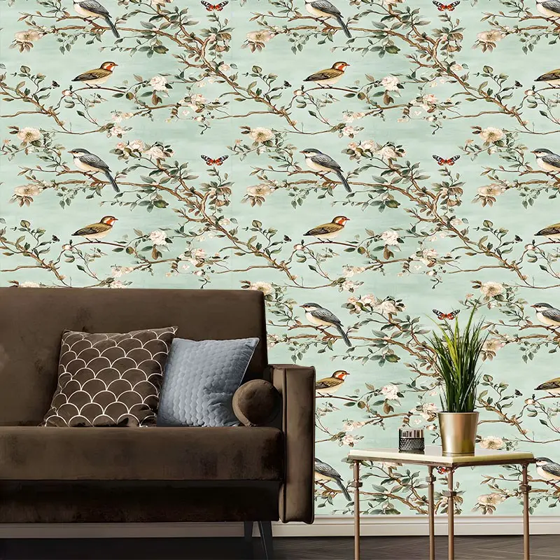 Vintage Chinese Bird Blossom Peel And Stick Wallpaper,Classic Light Green Design,Easy To Clean Self Adhesive Removable No Residue Reusable Durable Home Decoration Suitable For Bedroom Living Room Cabinet All Indoor Decor Surfaces