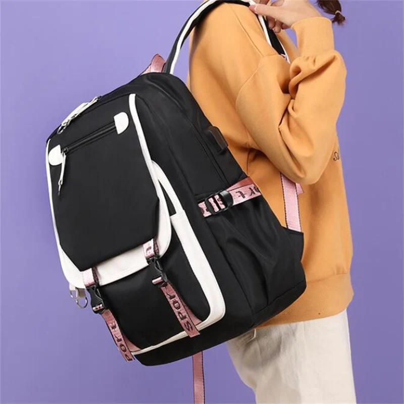 Demon Slayer Kanroji Mitsuri Backpacks Teenarges Schoolbag Anime USB Charge Laptop Travel Outdoor Bag Color Blocking Mochila