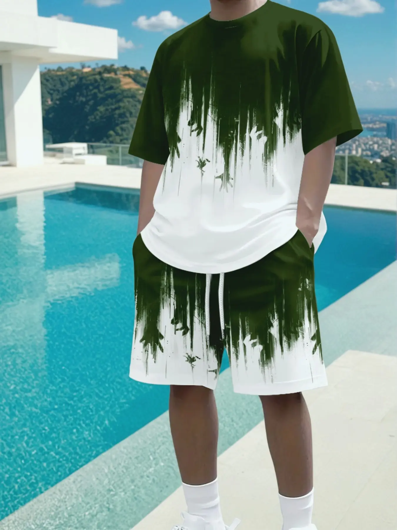 American hip-hop two-piece set, casual splashed ink letter gradient short sleeved five quarter pants, street boy trendy suit