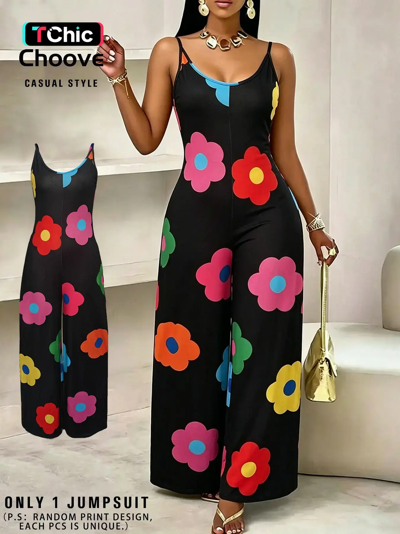 Women's Casual Chic Large Colorful Floral Print Halter Sleeveless Jumpsuit, Side Slit Pockets, Thin Soft Lightweight Fabric, Sexy Loose-Fitting One-Piece