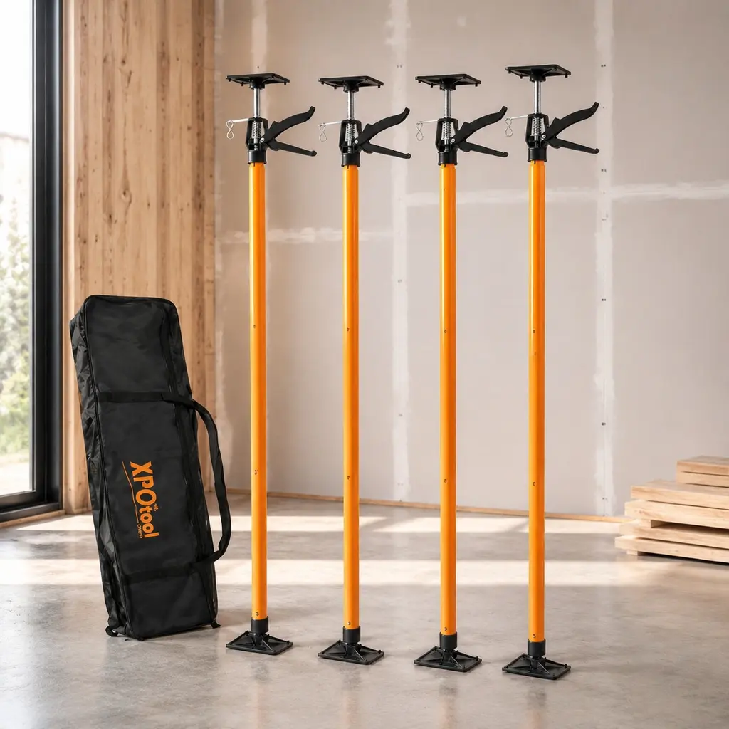 4-Pack Height-Adjustable Steel Support Pole (18.00 lbs per Pole) - 3rd Hand System with 1 Carry Bag, 45-114 in Extendable Rod, Quick Adjustments, Enhanced Stability for Handymen, Drywall Installation, Crown Molding, Complete Support Tasks