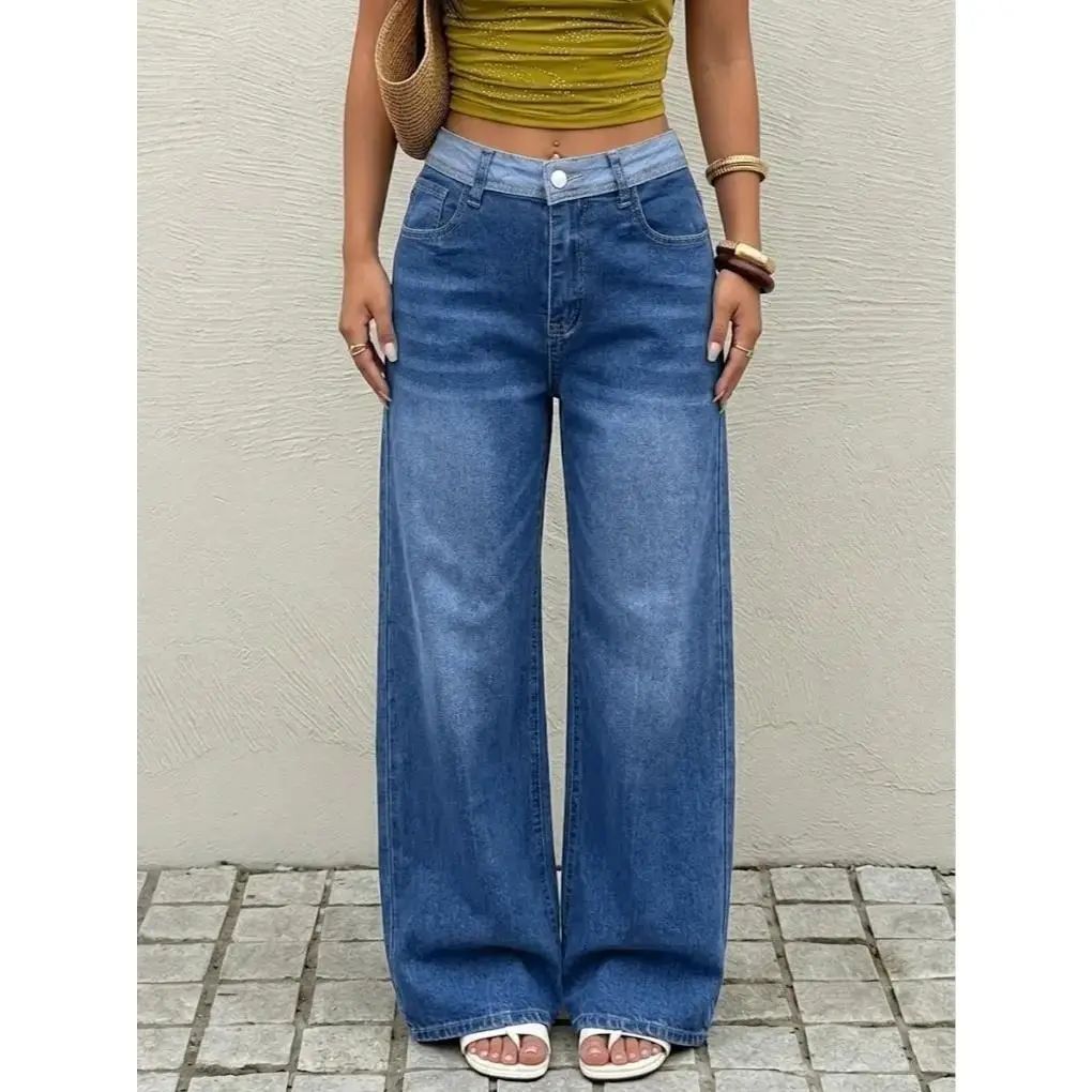 Women's Sports 2-Tone Wide-Leg Denim Joggers - Color-Block Waist, Relaxed-Fit Sports Pants