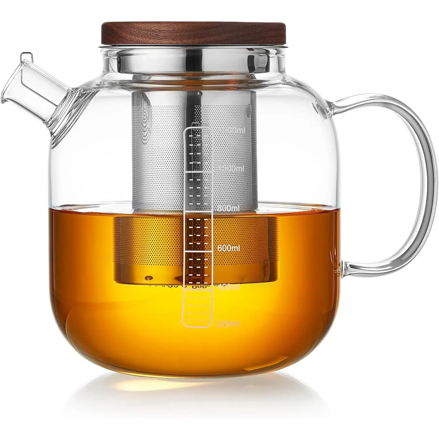 40oz Borosilicate Glass Teapot with Glass Body, Stainless Steel Removable Infuser, Anti-Drip Spout, Wooden Lid, White Markings - Loose Leaf Brewer, Herbal Infusion for Home Use, Removable Filter