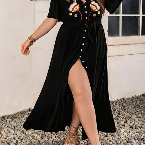[Plus Size] Floral Embroidery Button Front Split Hem, Casual Butterfly Sleeve V-Neck A-Line Dress for Daily Wear, Women's Fall Boho Style, Summer, Bohemian Aesthetic
