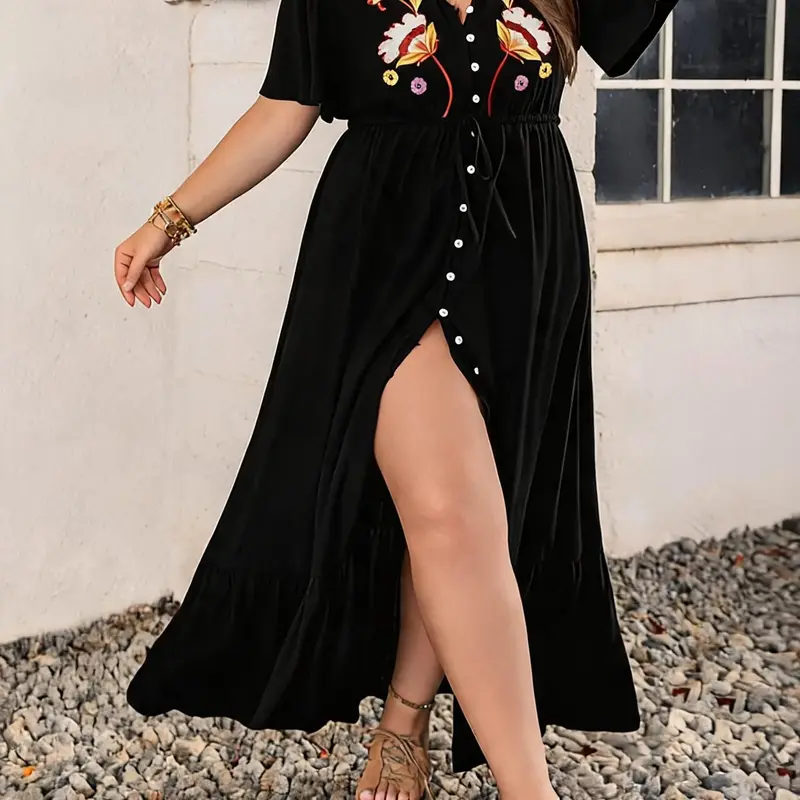 [Plus Size] Floral Embroidery Button Front Split Hem, Casual Butterfly Sleeve V-Neck A-Line Dress for Daily Wear, Women's Fall Boho Style, Summer, Bohemian Aesthetic