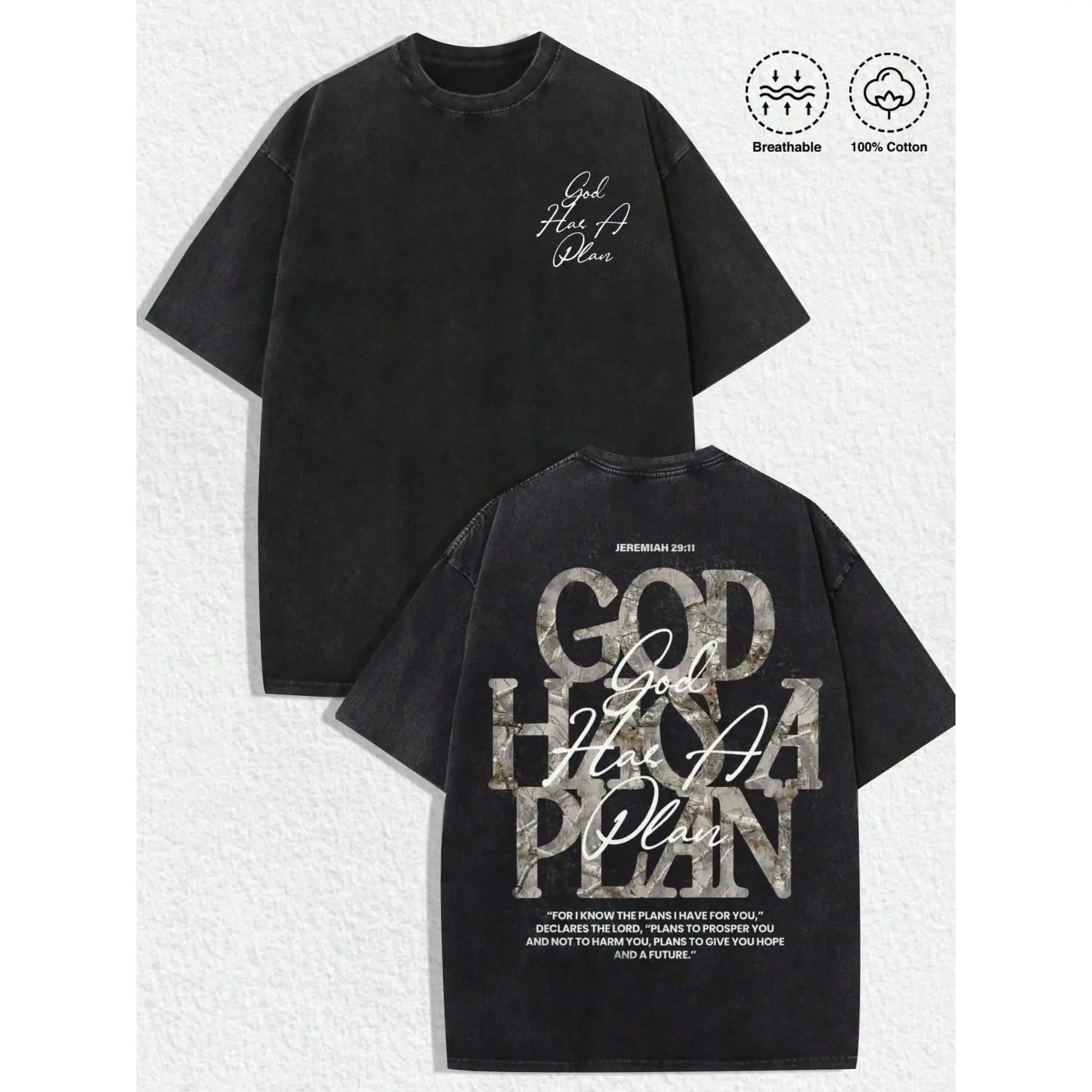 Women's Retro God Has A Plan Scripture Graphic Garment - Vintage Acid Wash, Heavyweight Premium Cotton, Double-Sided Print, Breathable Shortsleeve Crewneck, Drapey Christian Faith Loose Oversized Streetwear Top, Ideal Gift