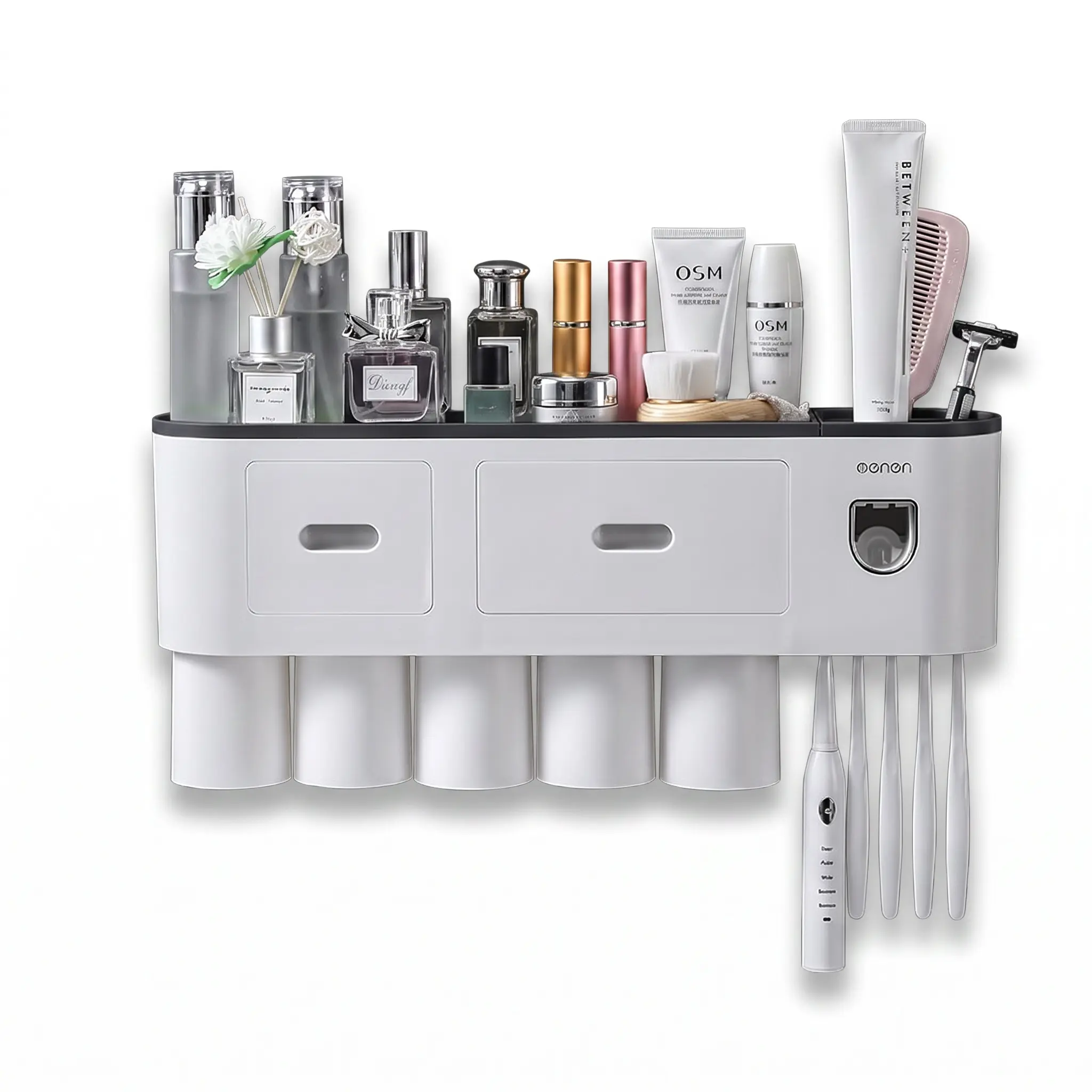 Wall-Mount Toothbrush Holder Organiser Set - Waterproof Modern Bathroom Accessory with Toothpaste Dispenser, 2 Cosmetic Drawers, Multiple Magnetic Cups, Large-Capacity Tray, Easy Installation, Mount Toothbrush Holders-YY2