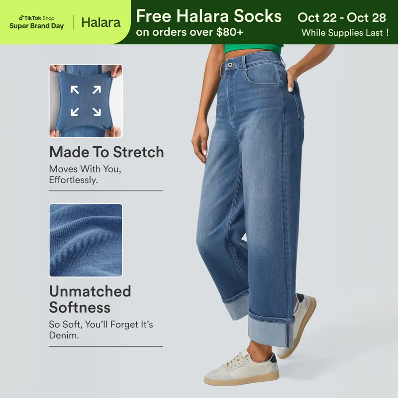 Halara Flex High Waisted Pockets Rolled Hem Wide Leg Washed Casual Jeans