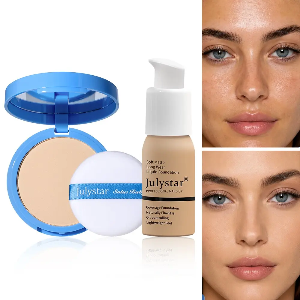 Matte Foundation Makeup Set, Liquid Foundation + Pressed Powder Compact with Powder Puff, Oil Control Full Coverage Conceal Pores Blemishes, Waterproof Sweat Resistant 24H Long Lasting, Lightweight Breathable Flawless Base Makeup Kit for Oily Skin