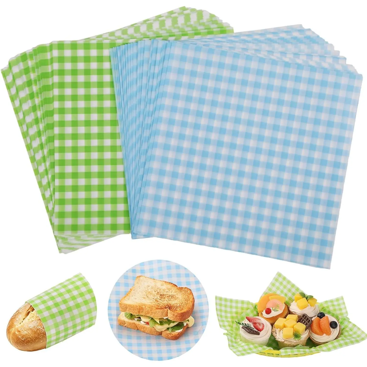 100 count Deli Paper Sheets 7x7", Checkered Sandwich Paper Wraps,  Proof  Basket Liners, Classic Checkered Sandwich Wrapping Paper for Party, Festival and Outdoors - Blue+Green