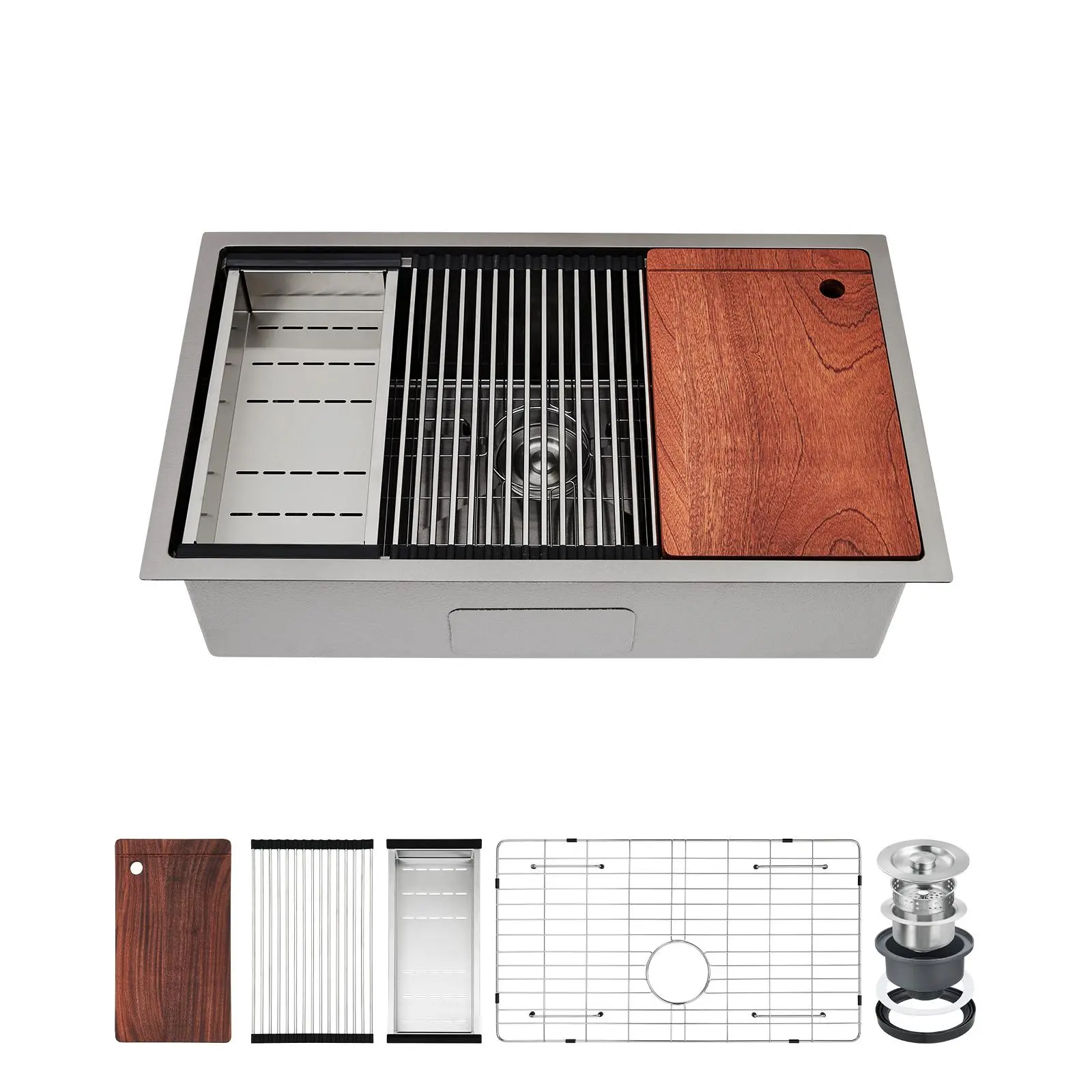 Undermount Workstation Kitchen Sink, 23-, 27-, 32- or 33-Inch Single Bowl 304 Stainless Steel Sink with 10-Inch Deep Basin, X-Drain Grooves, Sound-Dampening Undercoat and Accessories for Kitchen, Laundry Room, Bar or Garage, Nano Black or Stainless