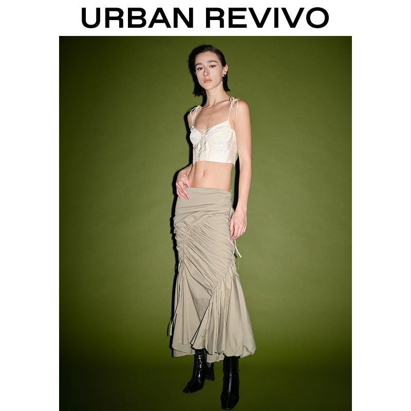 URBAN REVIVO High-Slit Beige Midi Skirt - Ruched Waist Flowy Silhouette for Effortlessly Chic Women Sense Deconstructed Pleated Fish Tail Half Skirt UWJ540010 SpringStatements