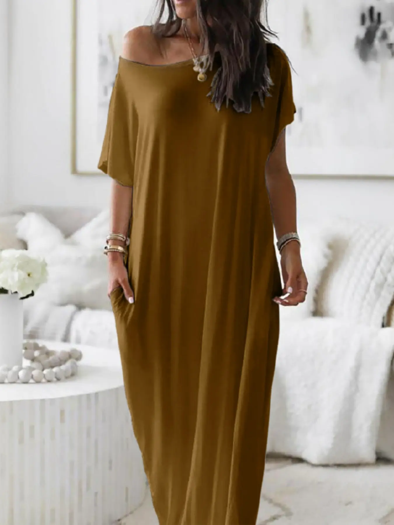 Women's Loose Fit Nightgown, Soft Comfortable Round Neck Sleepwear, Short Sleeve Batwing Sleeves, Casual Minimalist Home Wear Loungewear for All Seasons