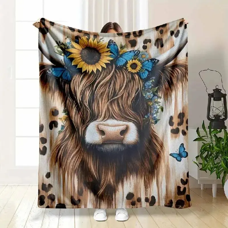 Highland Cow Flannel Blanket #4-26, 60*80in Large Polyester Throw for Adults, Wrinkle-Resistant, Contemporary Nature Motif Print (Sunflower, Blue Butterfly, Leopard), Cozy Soft Plush Warm for Home Living Room Sofa Bedroom Decor, Gift Idea summerwins, Room