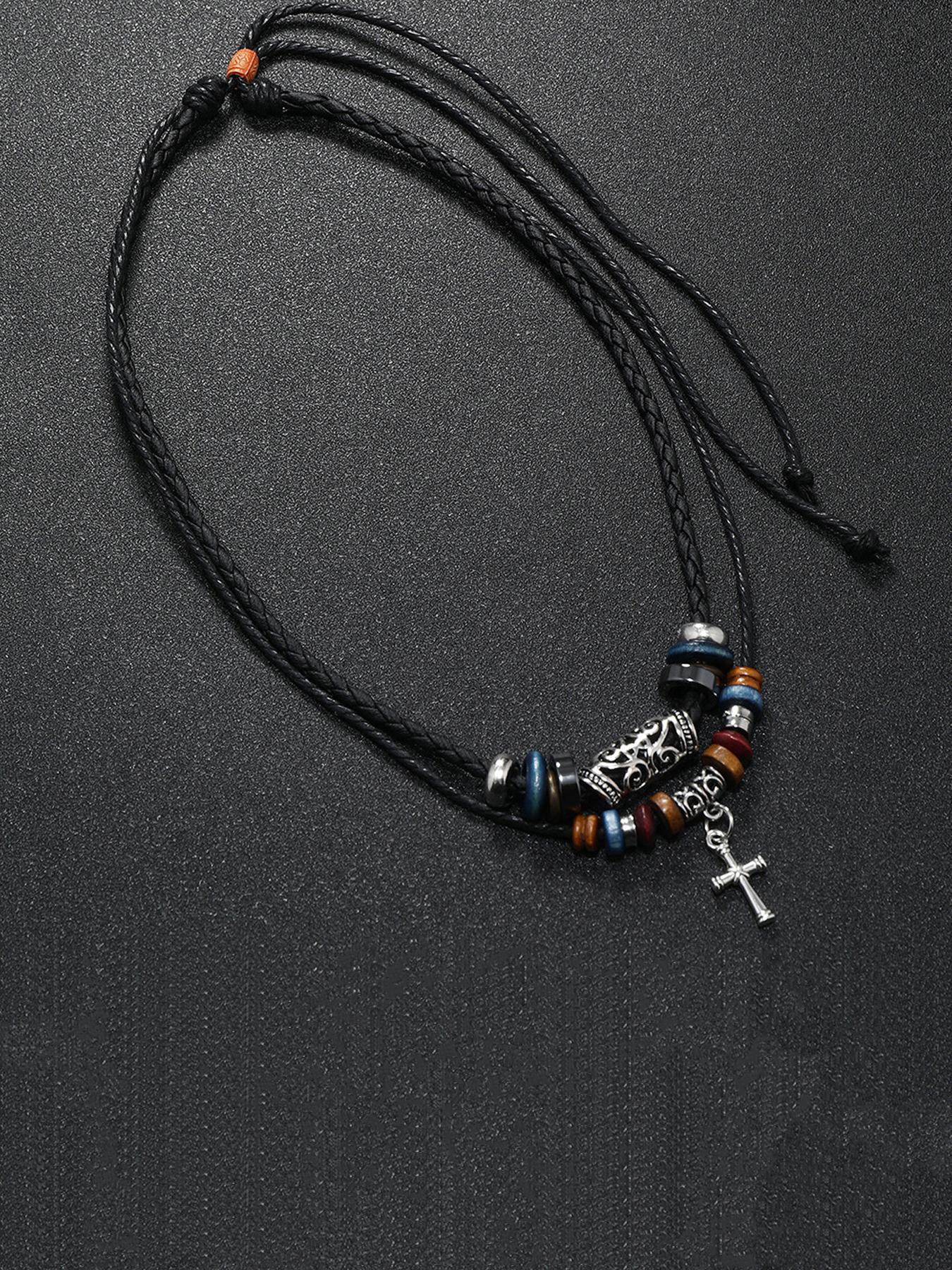 Unisex Boho Style Drawstring Layered Beaded Necklace, Trendy Chic Vintage Retro Necklace, Gorgeous Jewelry As Birthday Gift for Girlfriend & Boyfriend, Cross Charm Necklace