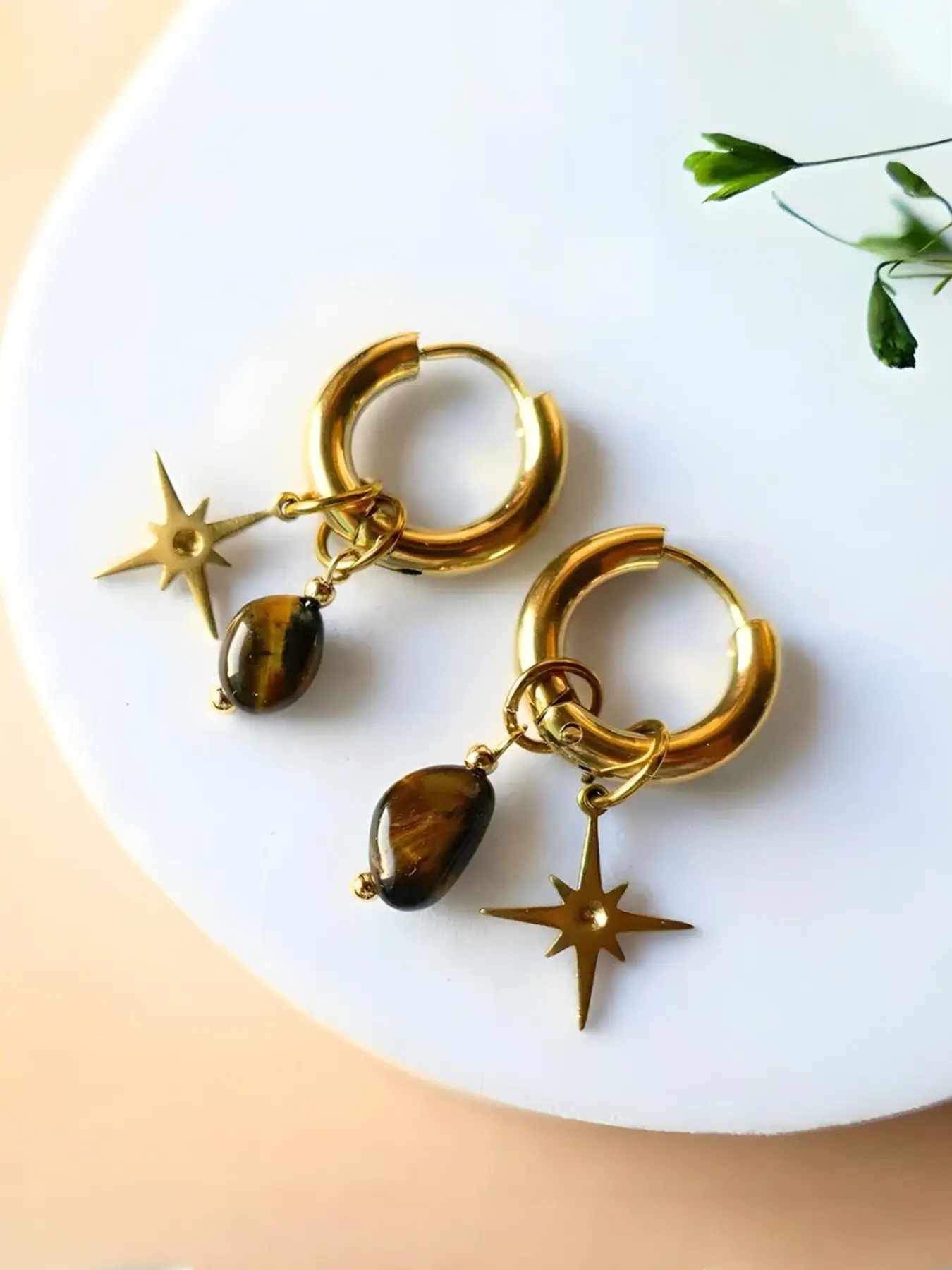Vintage Tiger Eye Star Round Earrings Hoops for Women, Simple Casual Everyday Commute Jewelry, Unique Personality Ear Rings