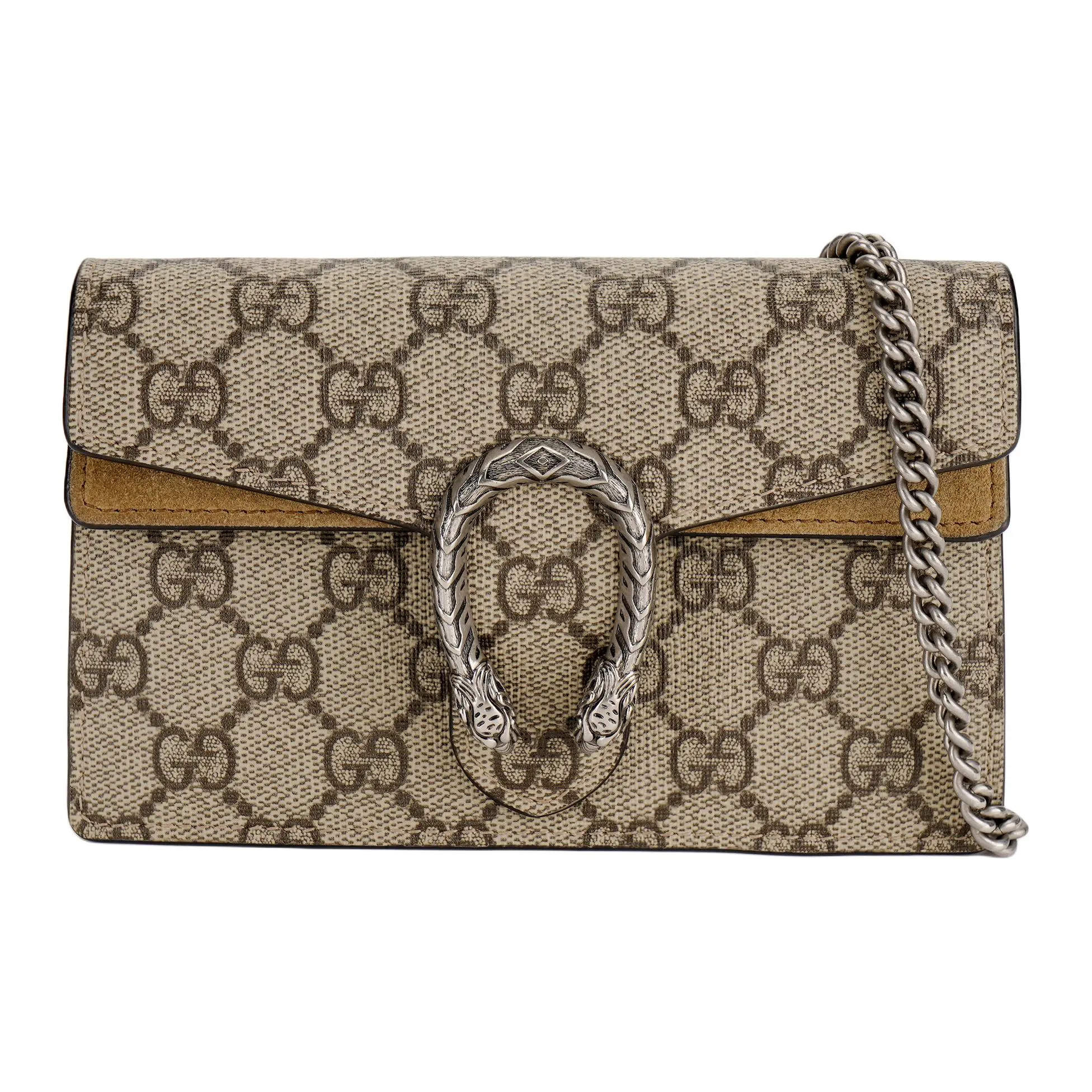 Gucci Dionysus Distressed Tiger-Head Buckle Monogram Canvas and Leather Crossbody Bag for Women, Ultra-Mini, Ebony