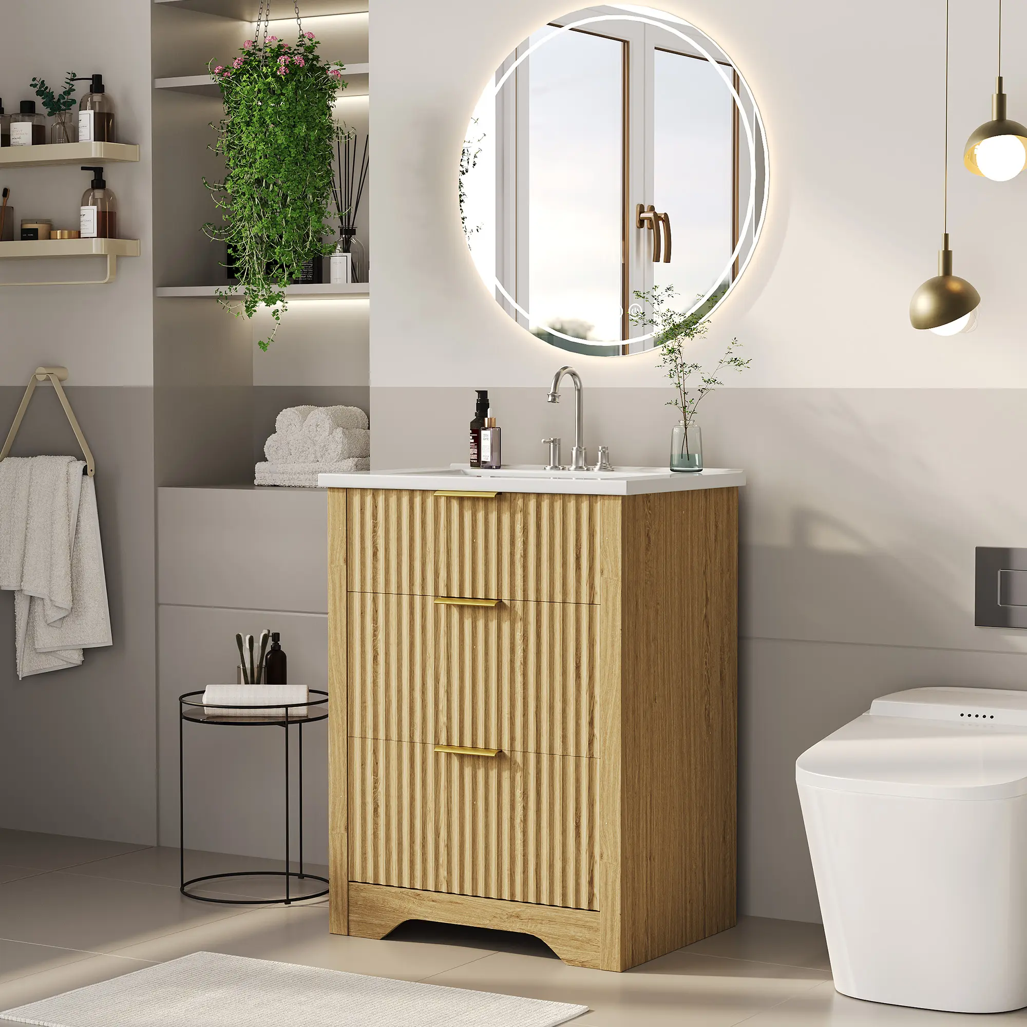 Farmhouse Bathroom Vanity with Sink – Fluted Freestanding Cabinet with 2 Drawers & Flip-Down Drawer – Easy Clean & Assembly
