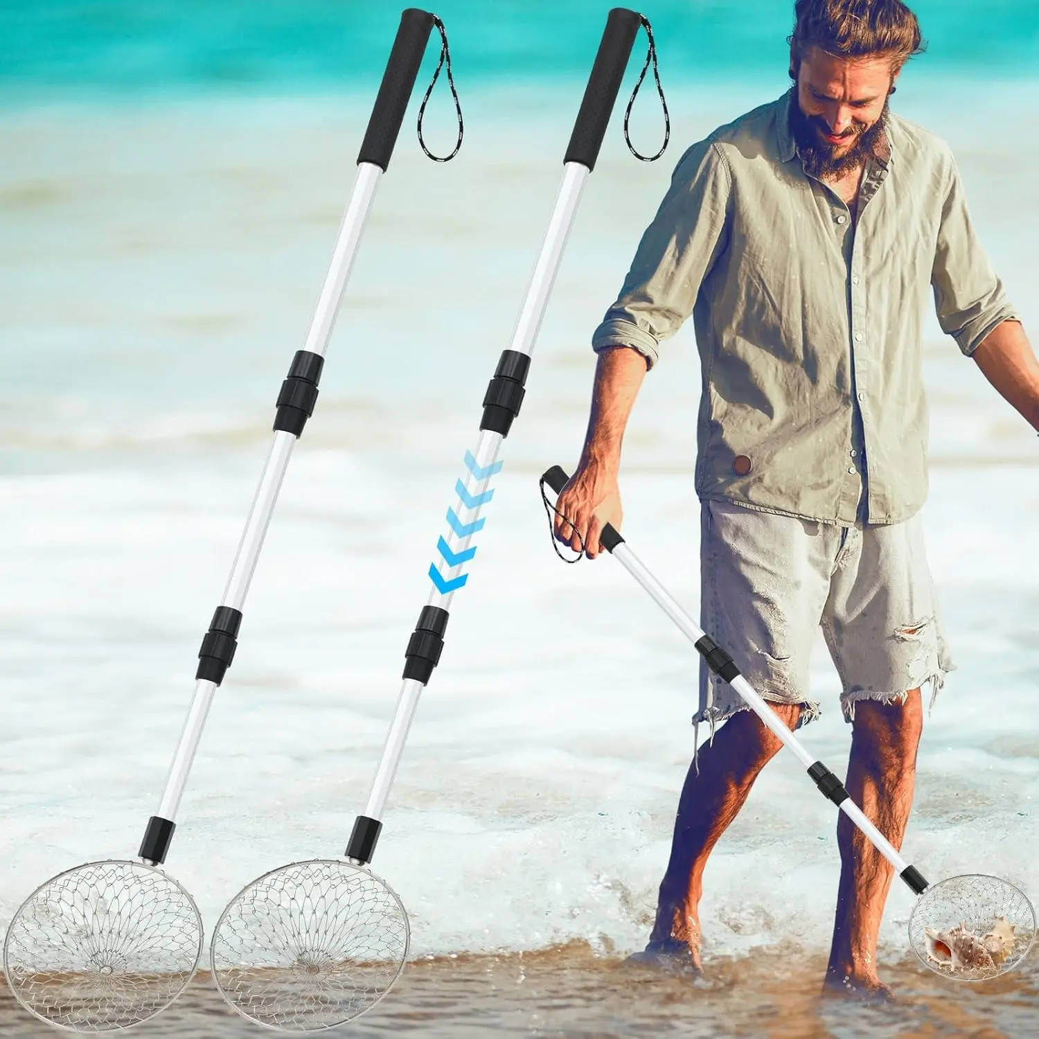 2 Pcs Sand Sifter for Beach, Adjustable 22"-33"/17"-36" Retractable Long Handle Shell Scooper Sand Shovel for Shark Tooth Picking Collecting