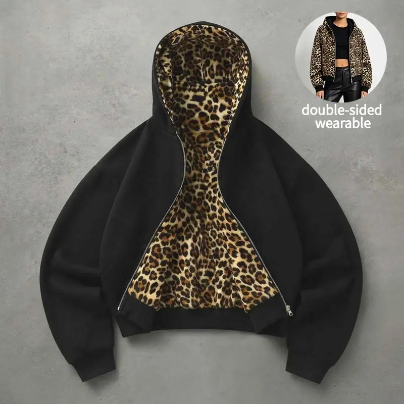 Unisex Leopard Print Zip-Up Hoodie, Reversible Two-Sided Wear; Loose Long Sleeve Sweatshirt Jacket for Fall & Winter, Retro Street Casual Fashion Outerwear