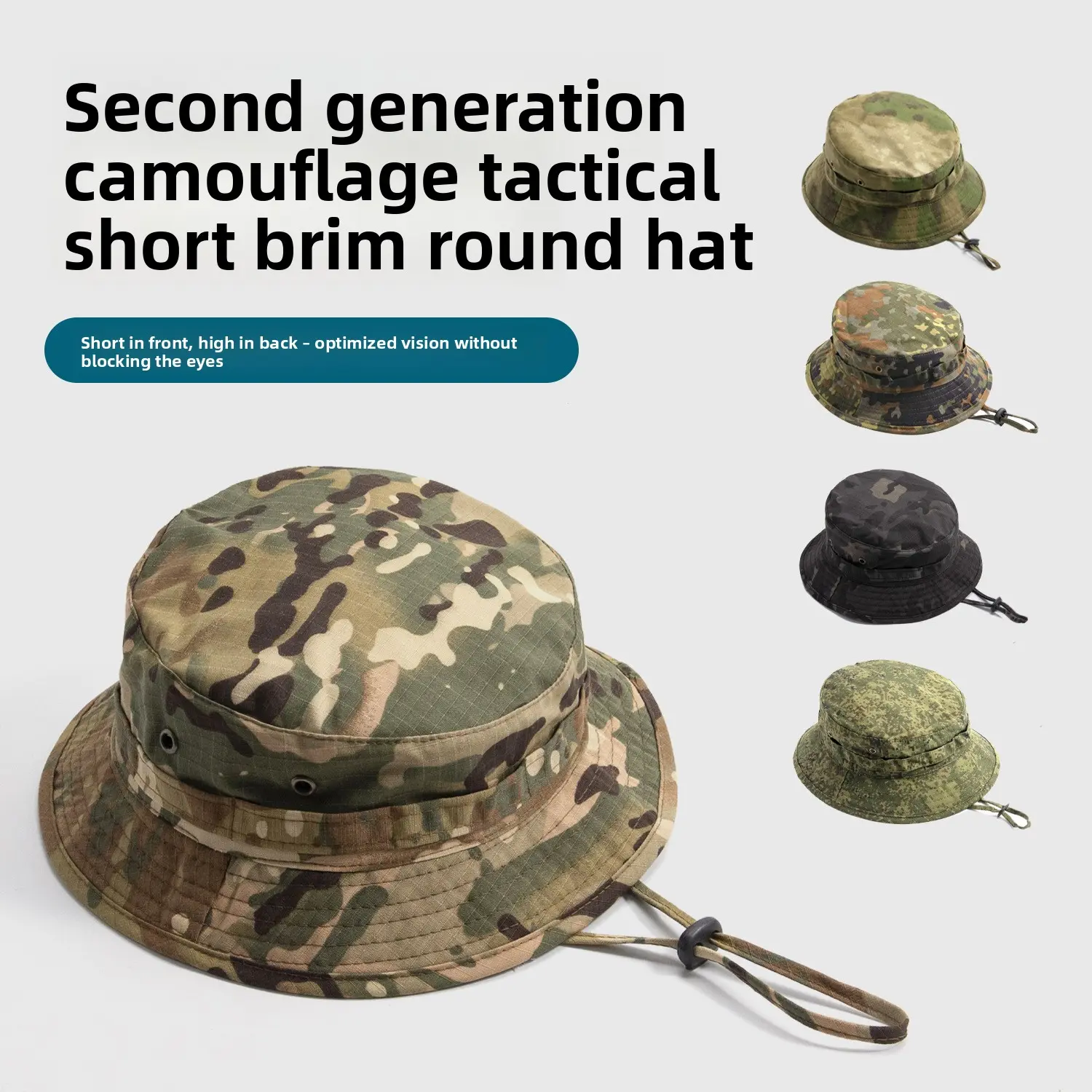 Camo Print Short Brim Boonie Hat, Outdoor Tactical Summer UV Sun Protection Bucket Hat, Lightweight Windproof Camouflage Fisherman Hat